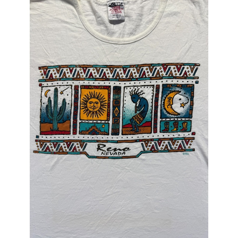 Vintage Oneita T Shirt Mens Medium White Graphic Reno Nevada Southwest Kokopelli - Picture 3 of 7